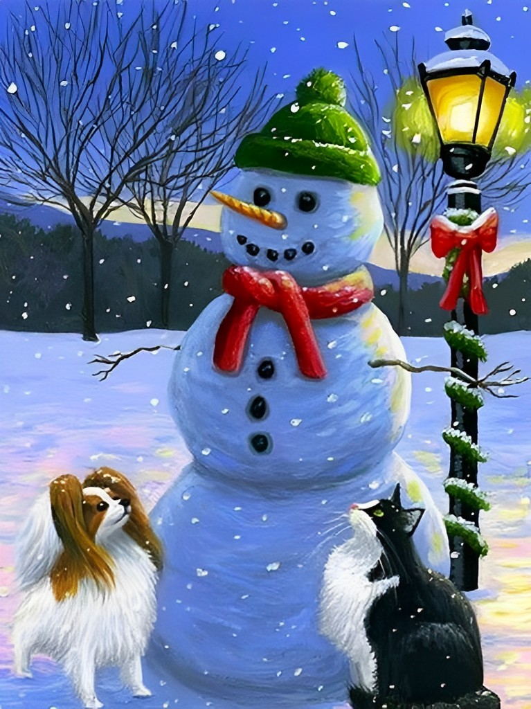 Snowman in a green hat and Pets Diamond Painting