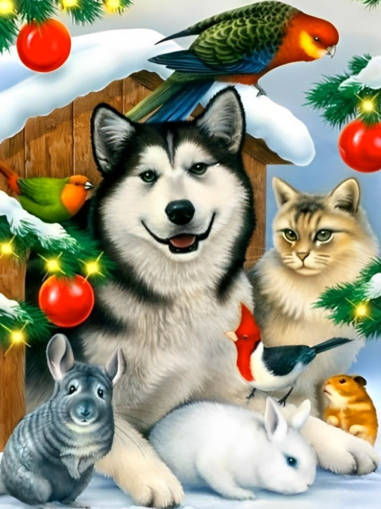 Christmas Dog and Cat Diamond Painting