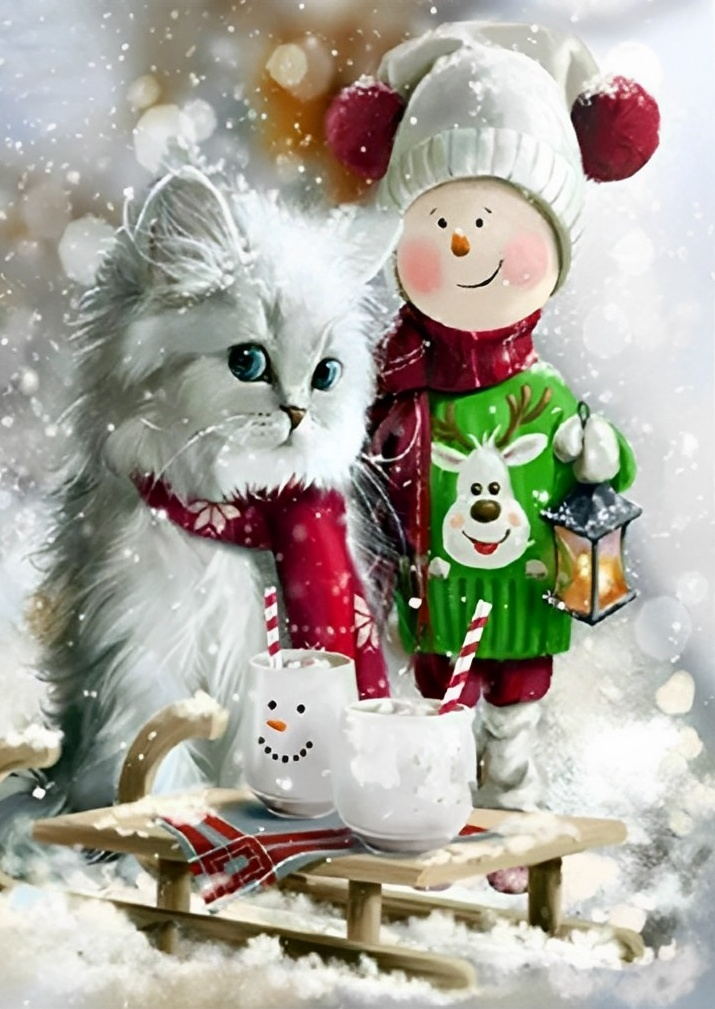 Christmas Cat and Doll Man Diamond Painting