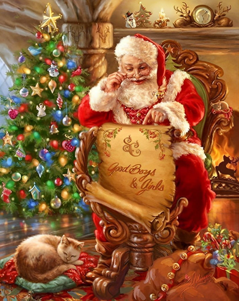 Christmas Cat and Santa Claus Diamond Painting