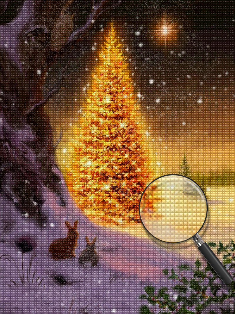 Lighted Christmas Tree and the Rabbit Diamond Painting