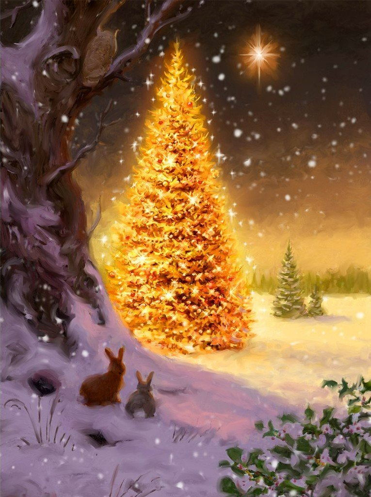 Lighted Christmas Tree and the Rabbit Diamond Painting