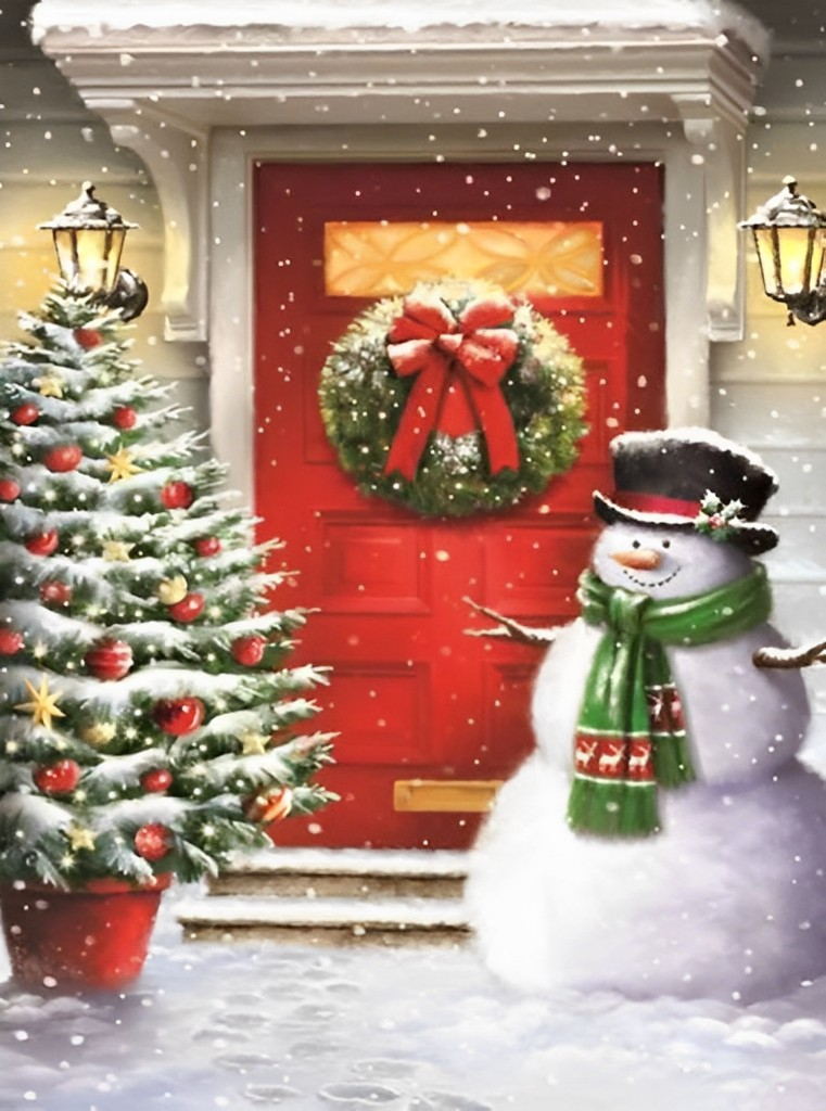 Christmas Tree and the Snowman Outside Diamond Painting