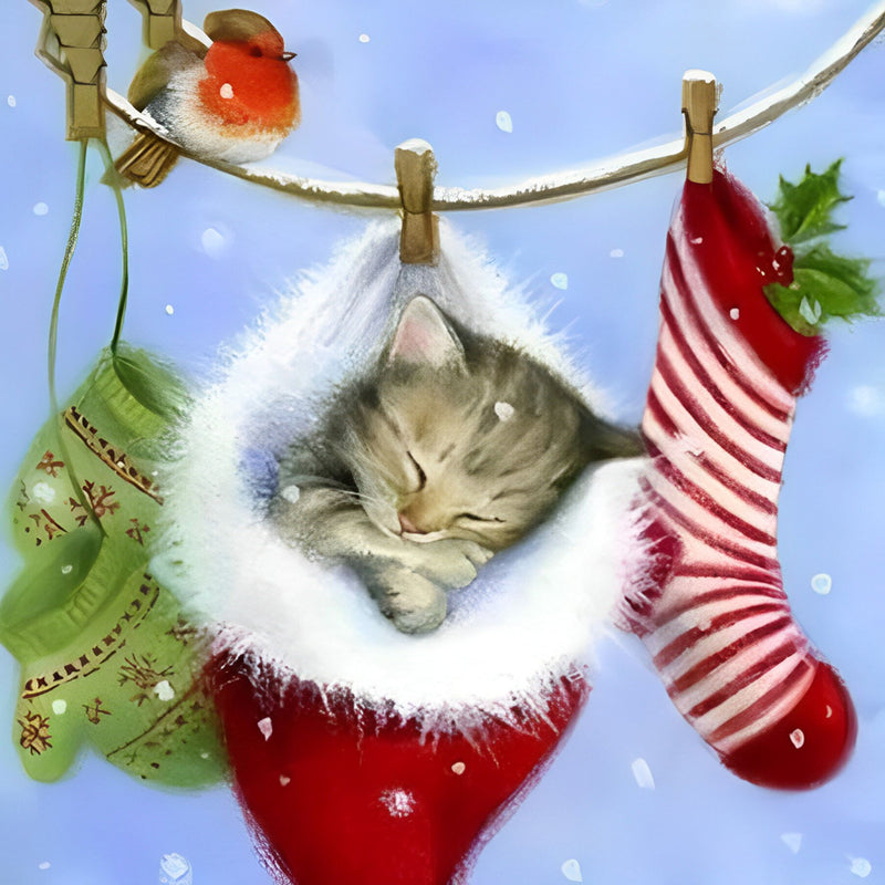 Kitty sleeping in a Christmas hat Diamond Painting