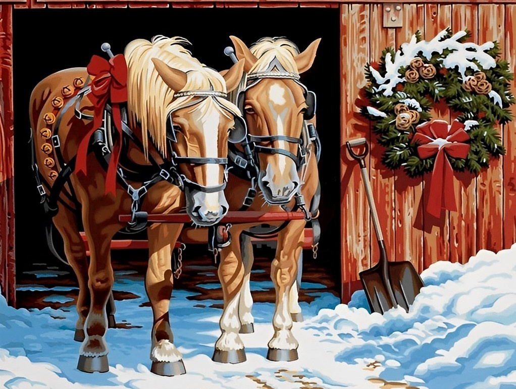 Two Horses Pulling Cart Christmas Party Diamond Painting