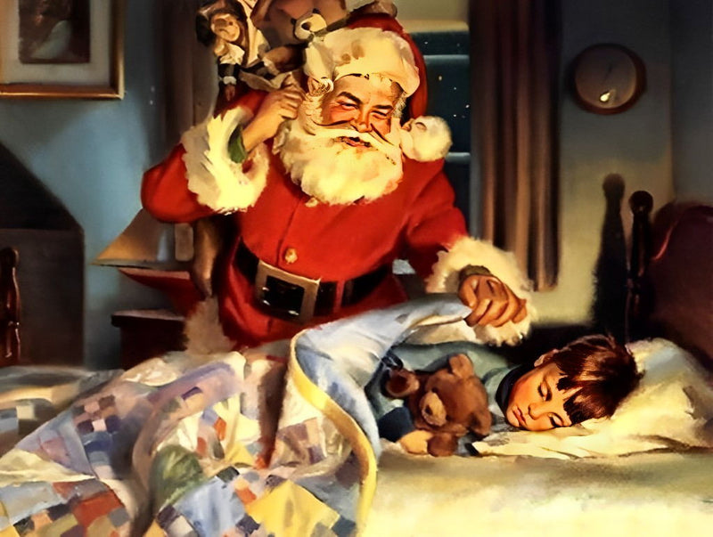 Santa Claus covering a child with a quilt Diamond Painting