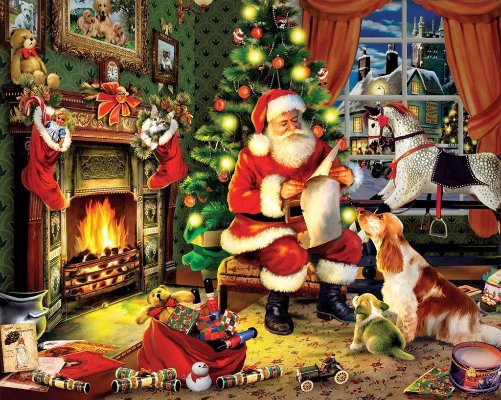 Santa Claus Reading Letter by Fireplace Diamond Painting