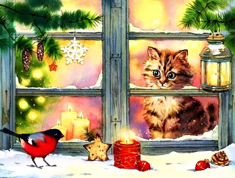 Cute Kitten and Bird Diamond Painting