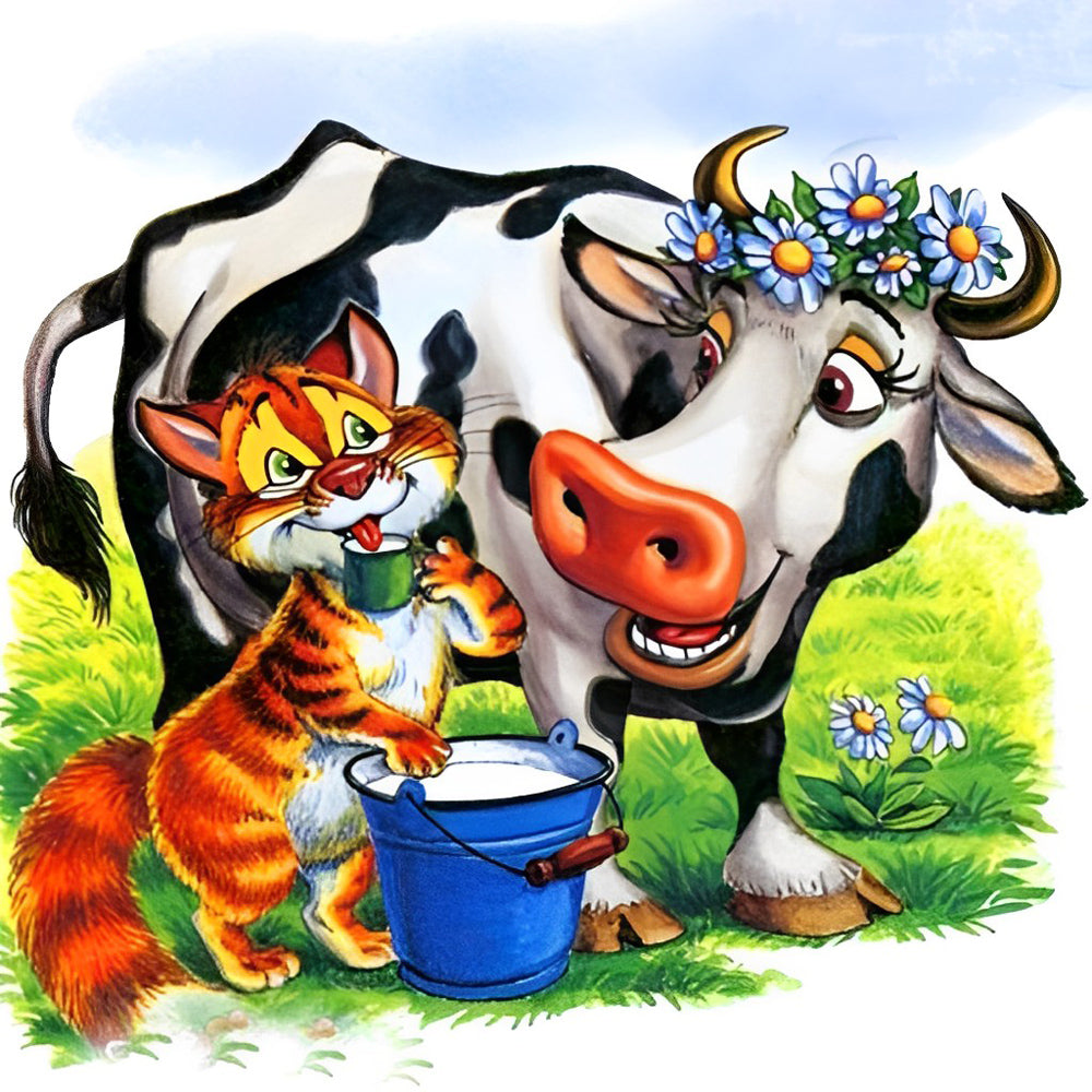 Cow with a Crown and Tabby Cat Diamond Painting