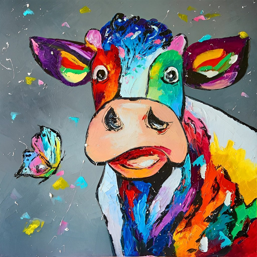 Astonished Cow and Colorful Butterfly Diamond Painting