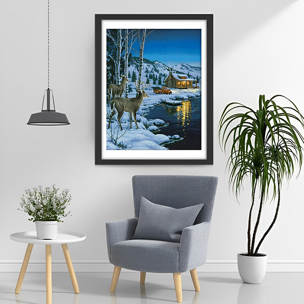Two Deer and a Chalet Diamond Painting