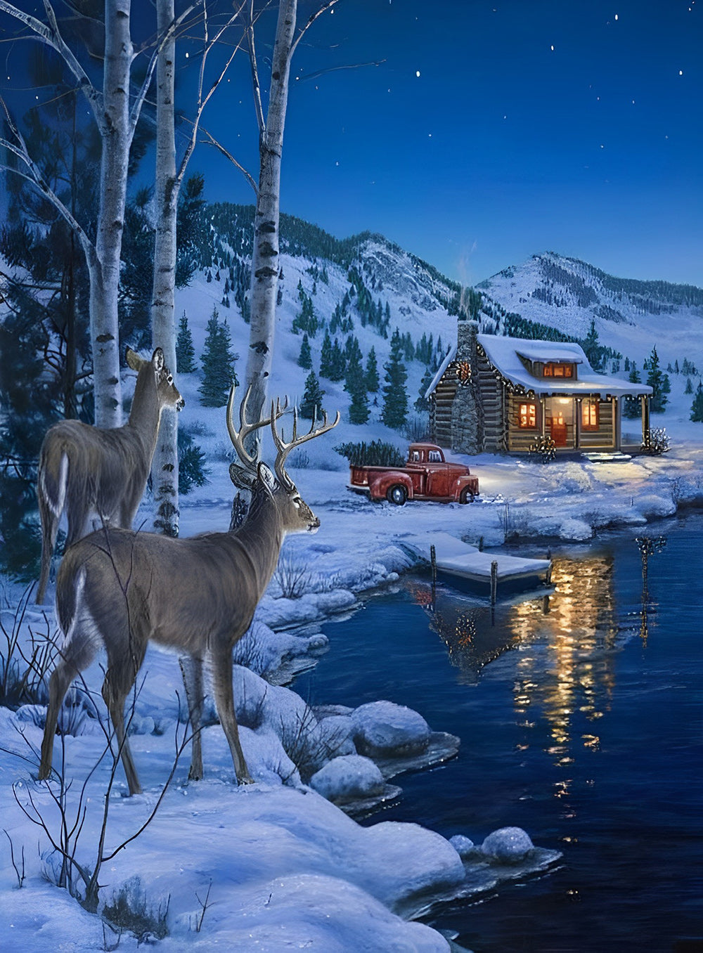 Two Deer and a Chalet Diamond Painting