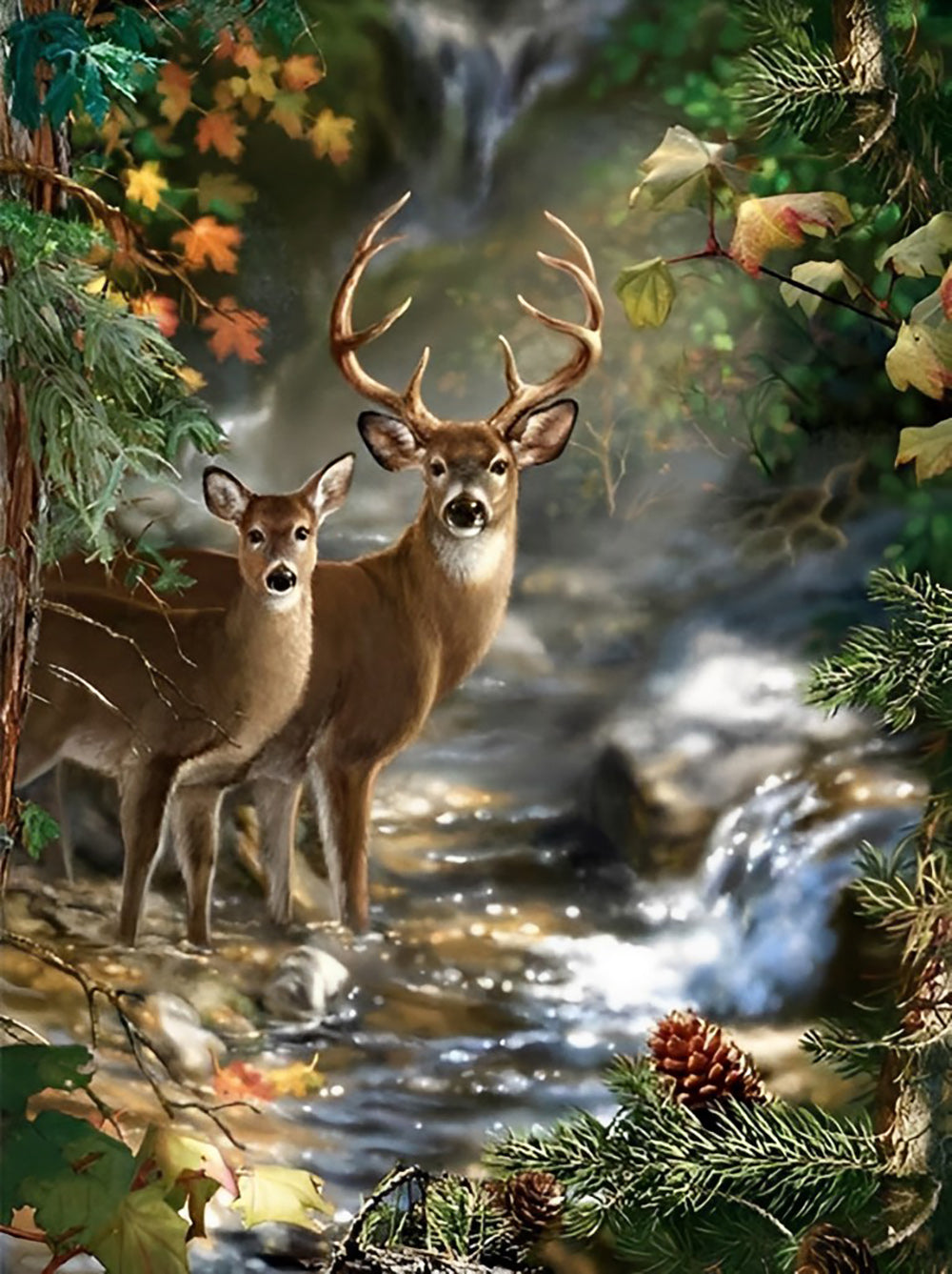 Deer and Doe with a Small Clear Stream Diamond Painting