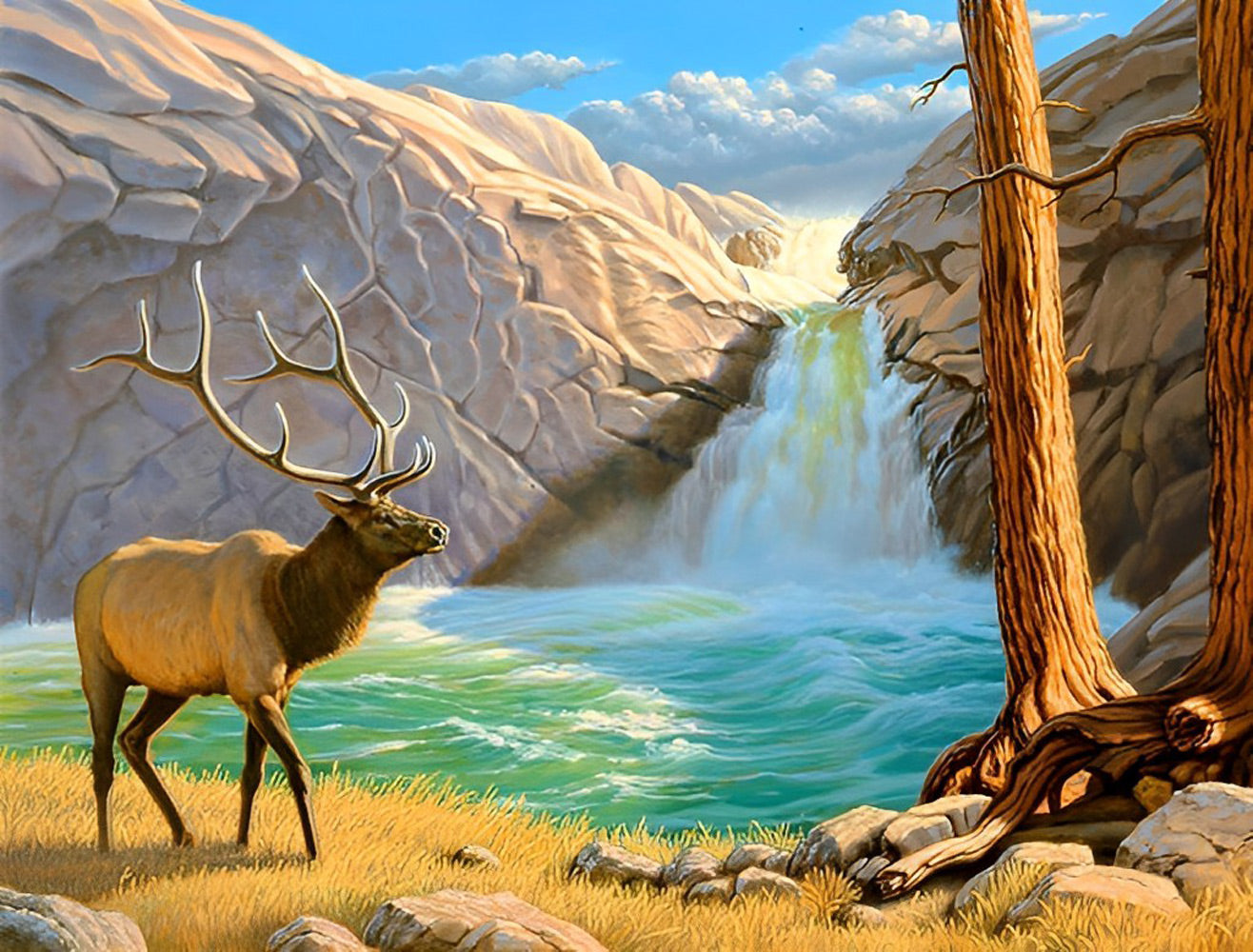 Deer and Waterfall Diamond Painting