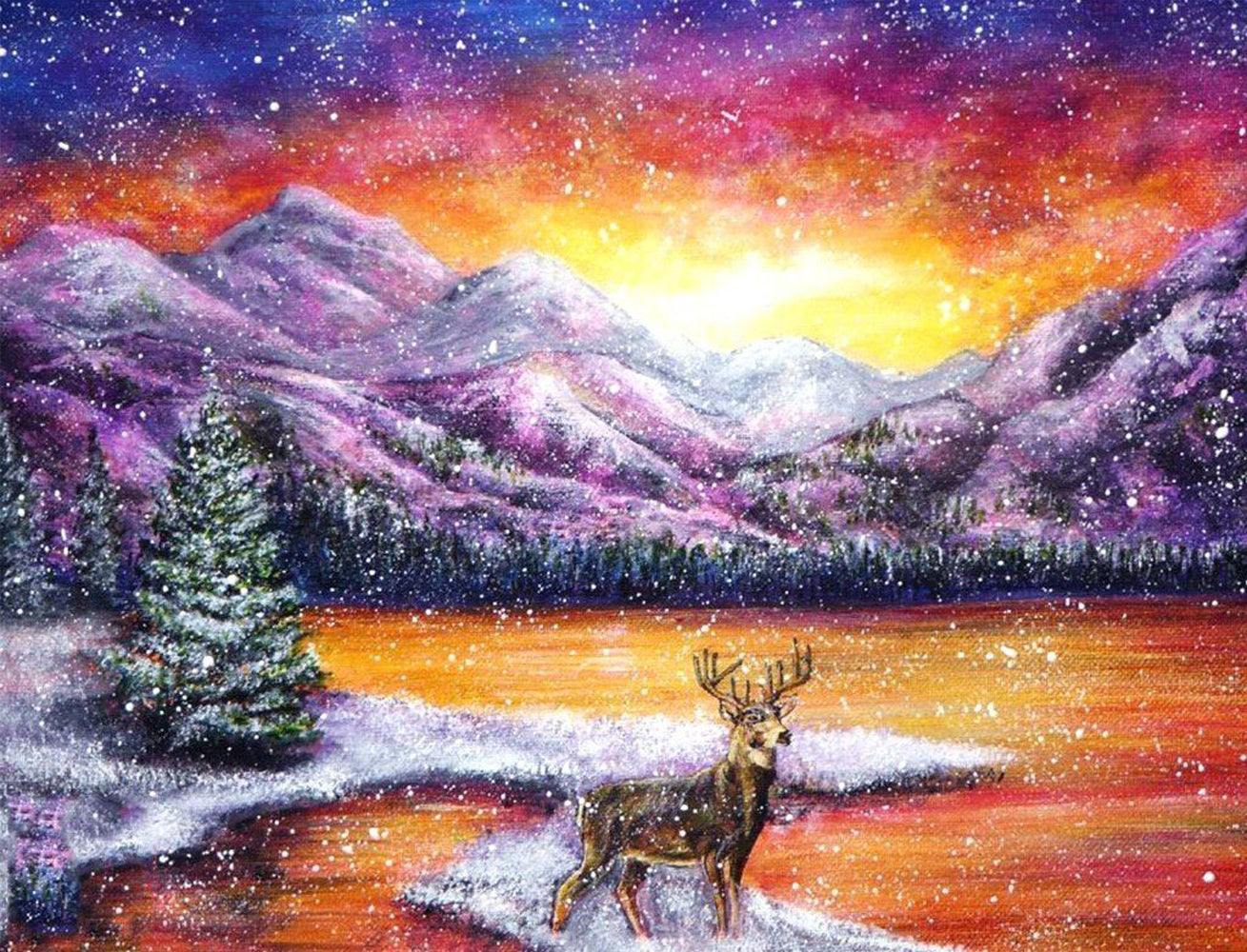 Deer and Purple Mountains Diamond Painting