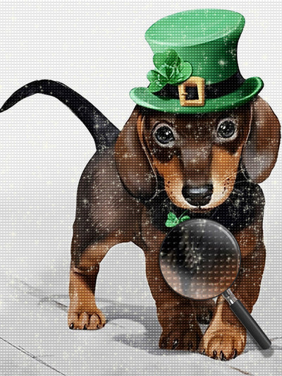 Dachshund Dog in Green Top Hat Diamond Painting