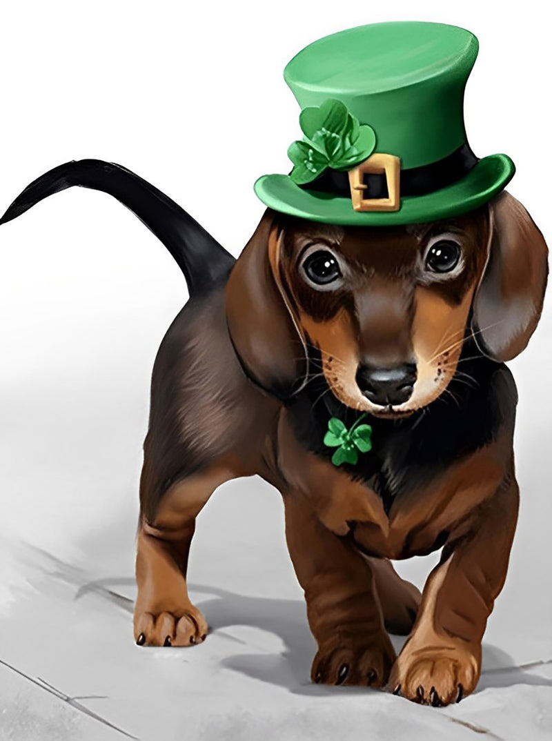 Dachshund Dog in Green Top Hat Diamond Painting