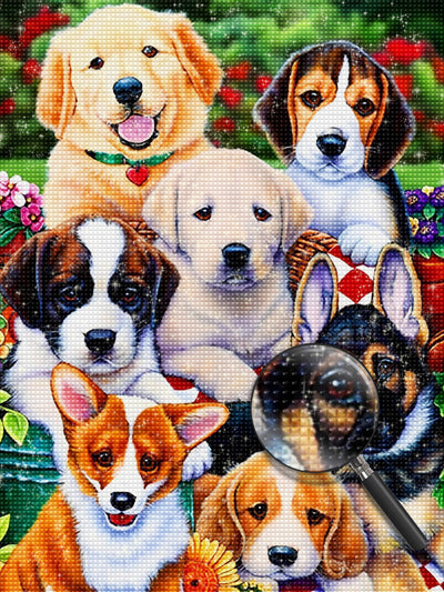 Seven Puppies and Flowers Diamond Painting