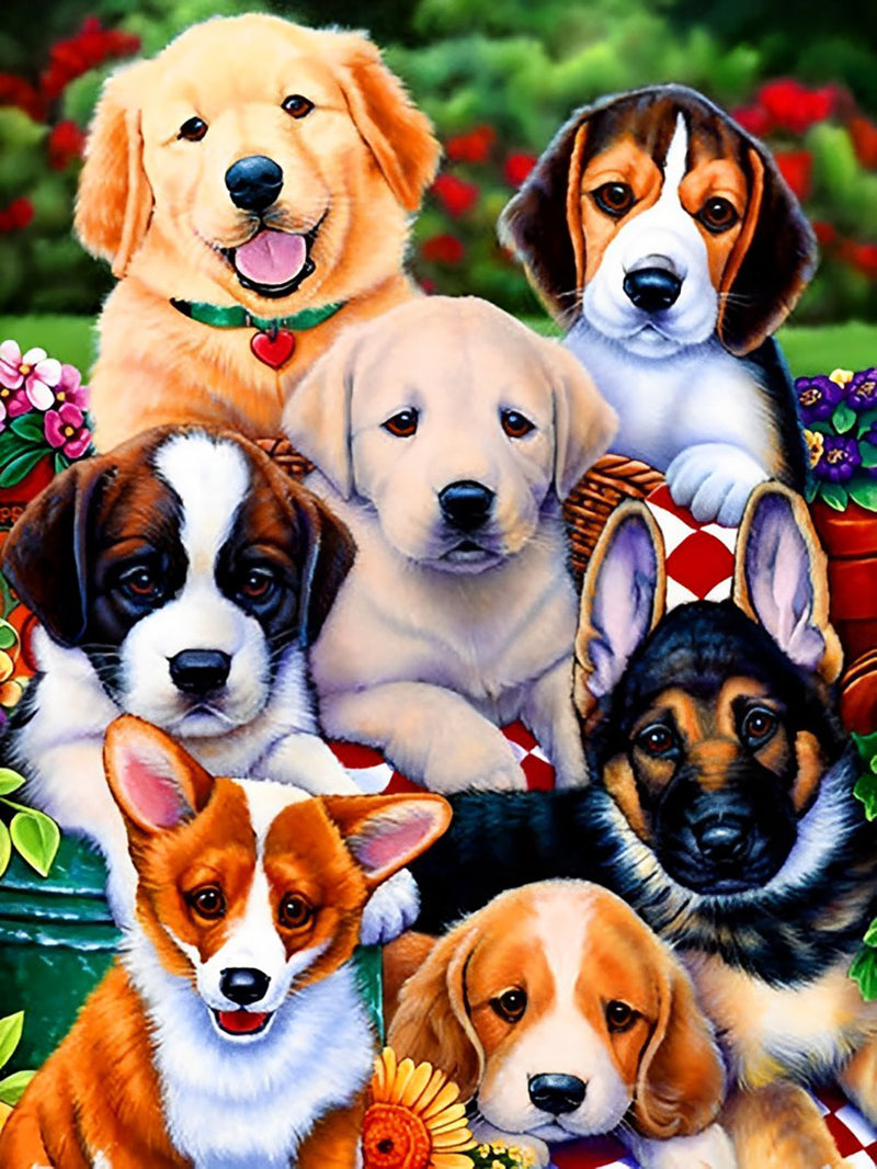 Seven Puppies and Flowers Diamond Painting