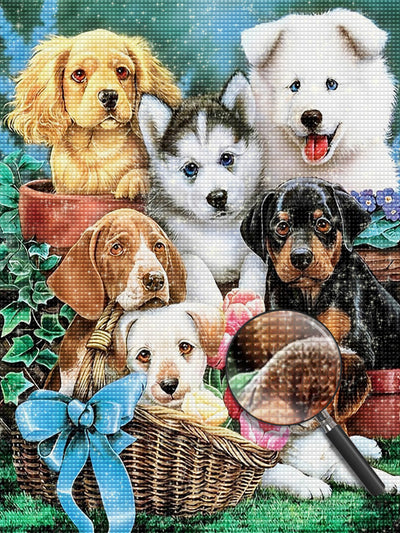 Seven Puppies and Flowers Diamond Painting