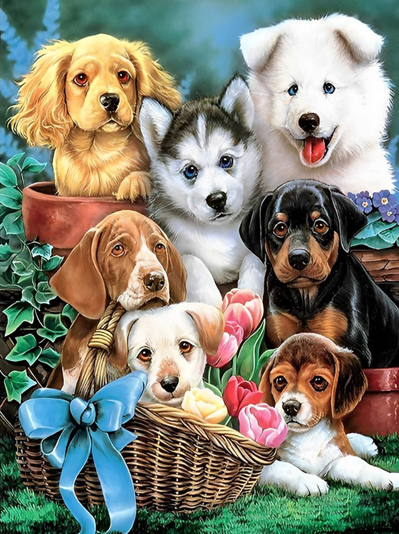 Seven Puppies and Flowers Diamond Painting