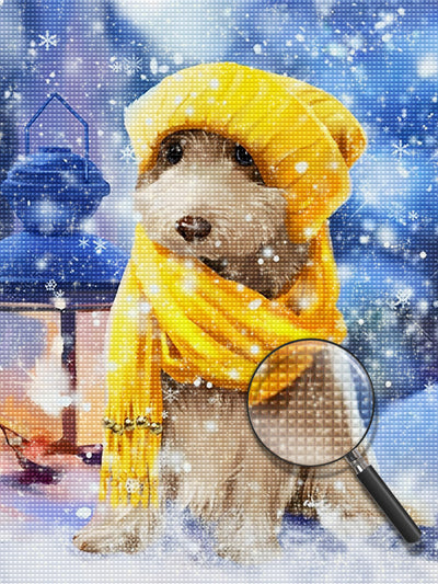 Puppy wearing yellow scarf and hat in snow Diamond Painting