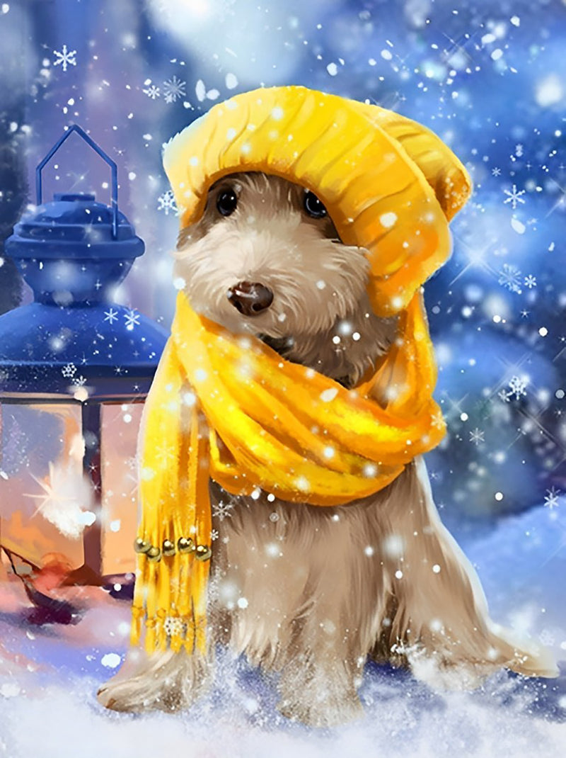 Puppy wearing yellow scarf and hat in snow Diamond Painting