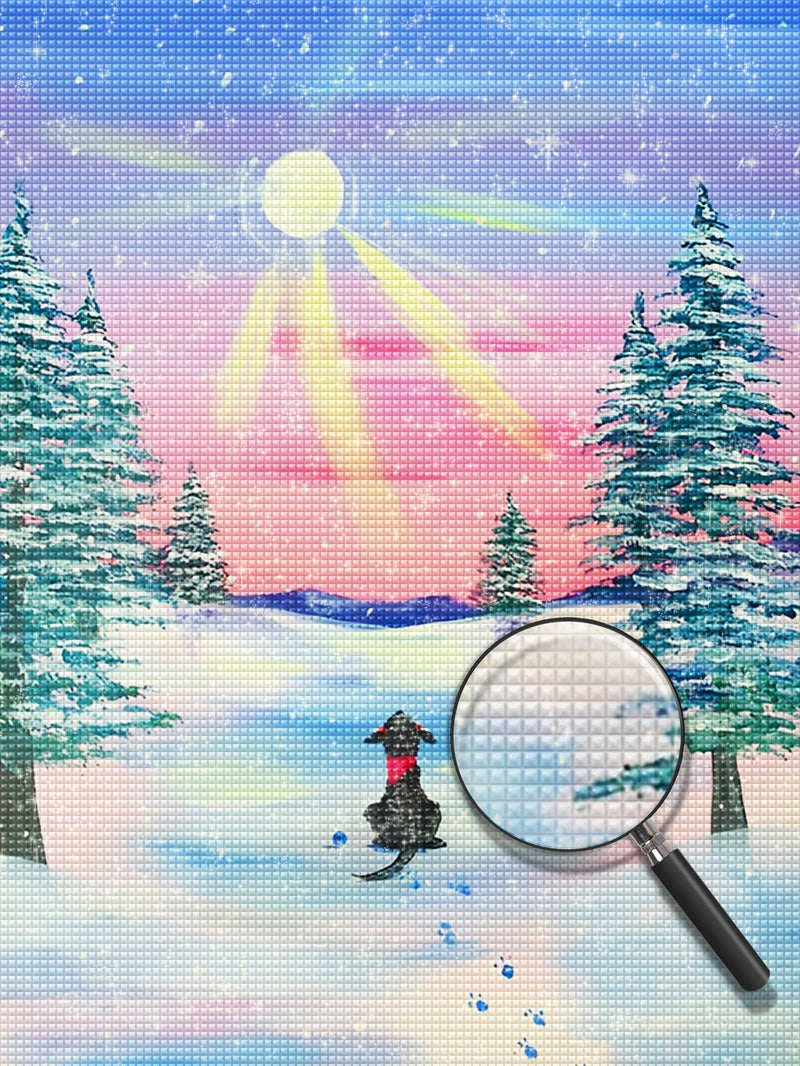 Little Black Dog Looking at the Sun in the Snow Diamond Painting