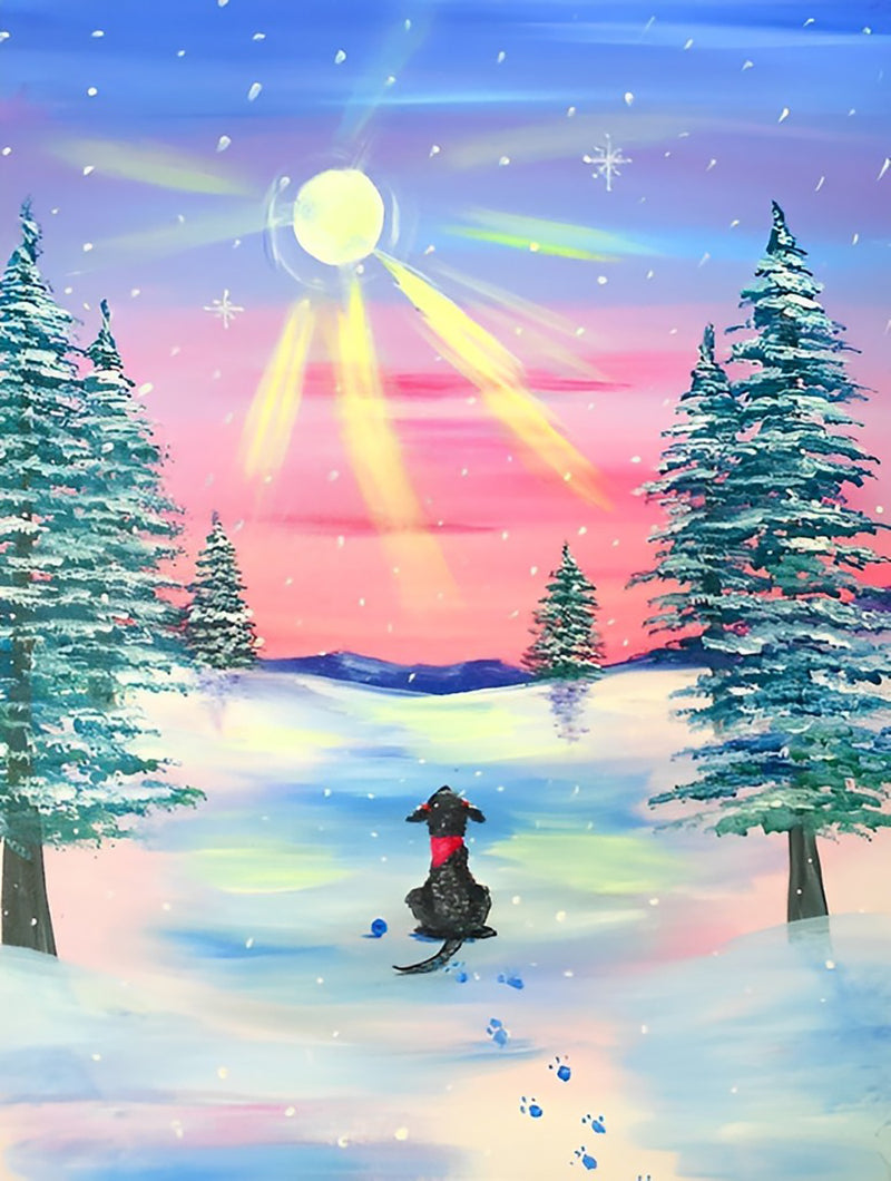 Little Black Dog Looking at the Sun in the Snow Diamond Painting