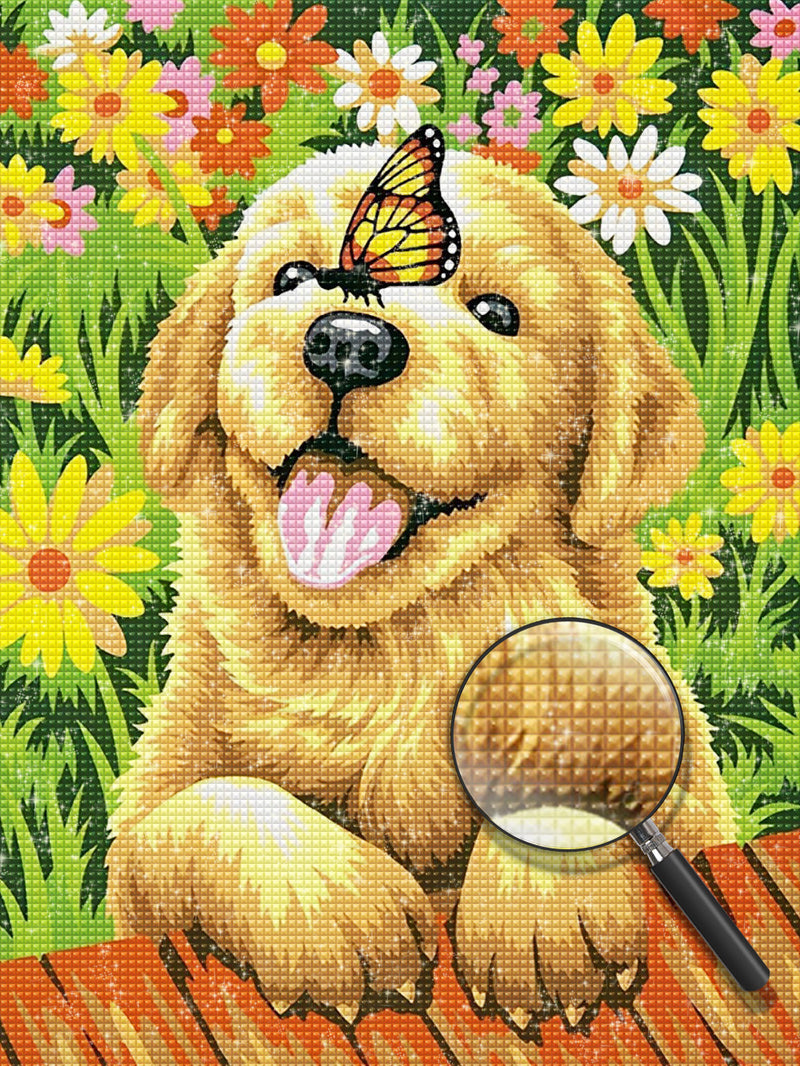 Golden Retriever Puppy and Butterfly Diamond Painting