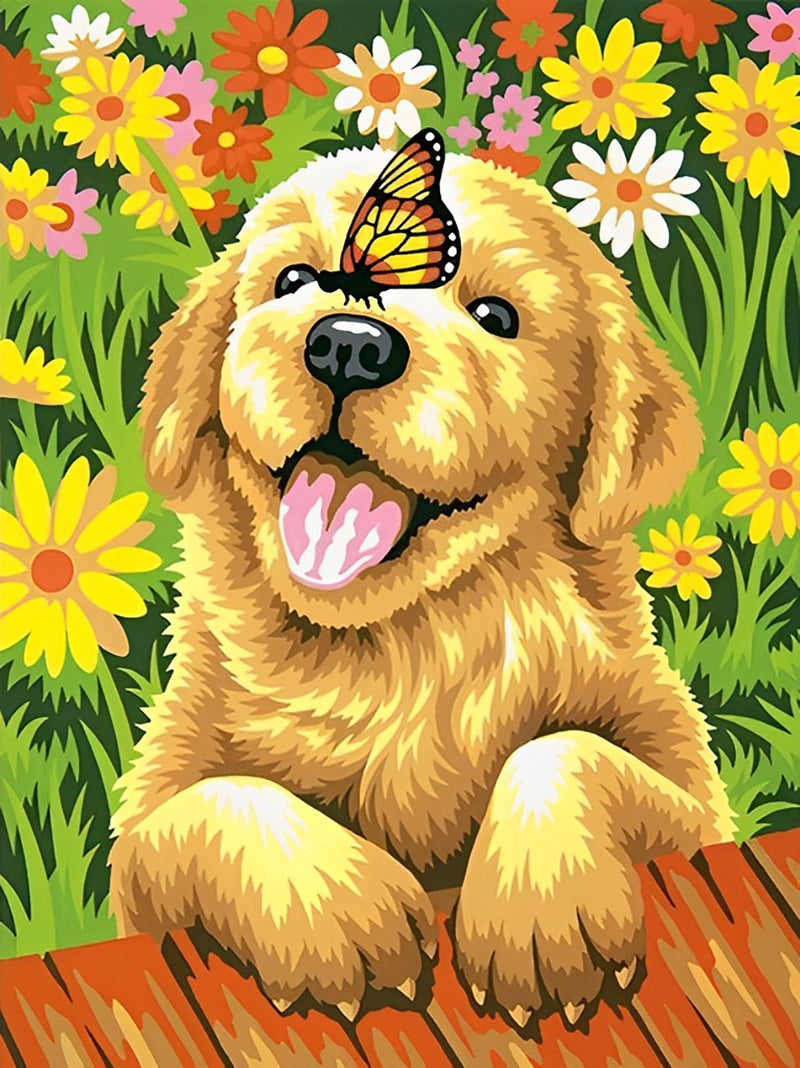 Golden Retriever Puppy and Butterfly Diamond Painting