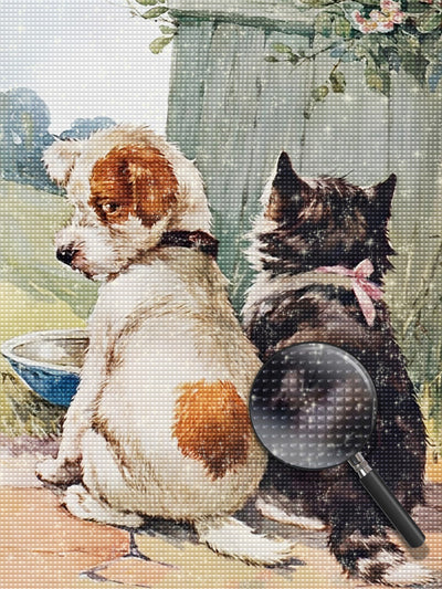 Puppy and kitten sitting side by side Diamond Painting