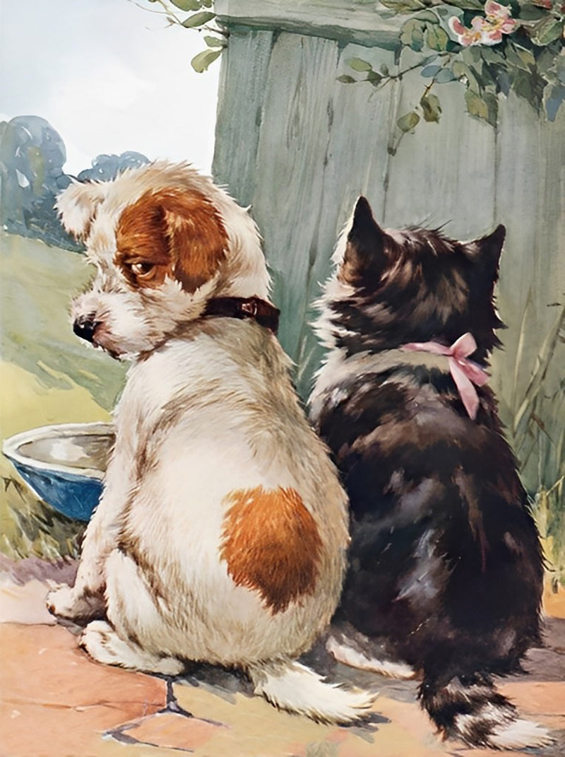 Puppy and kitten sitting side by side Diamond Painting