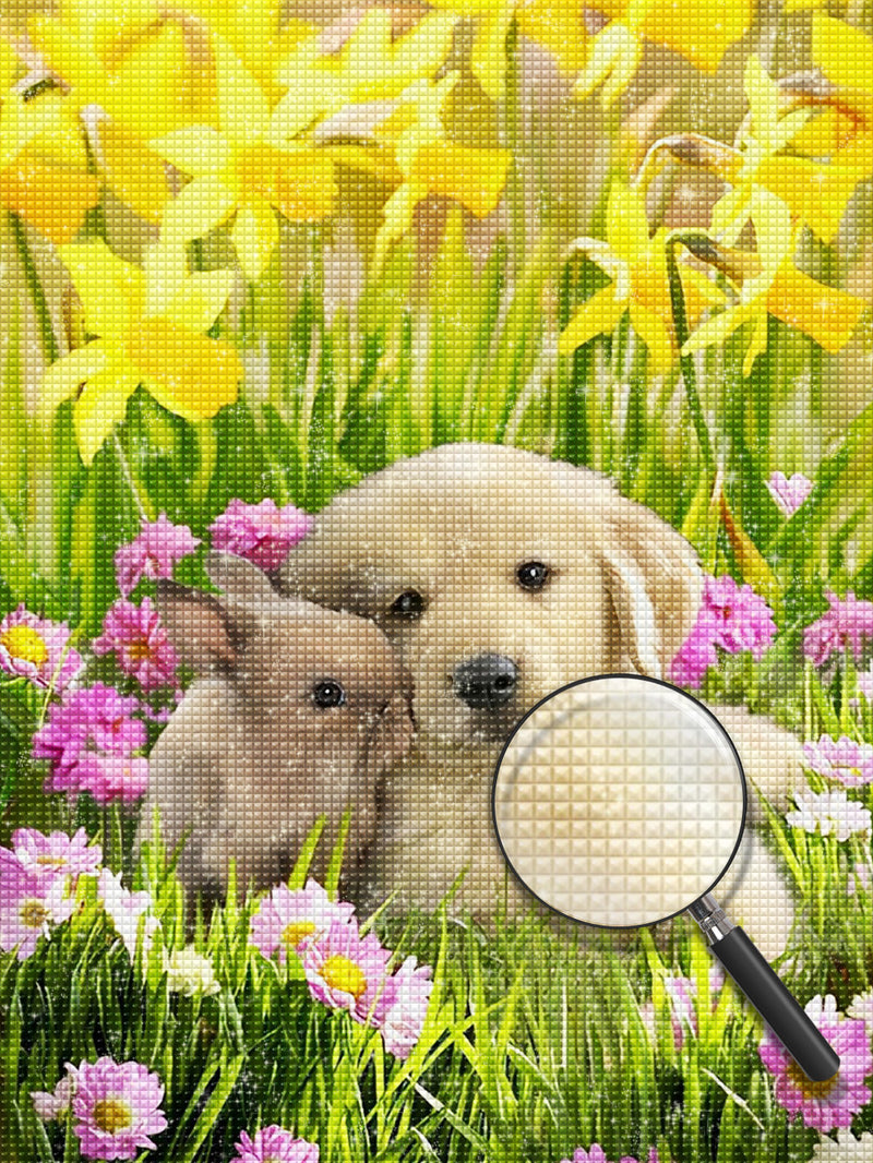 Golden Retriever Puppy, Little Bunny and Flowers Diamond Painting