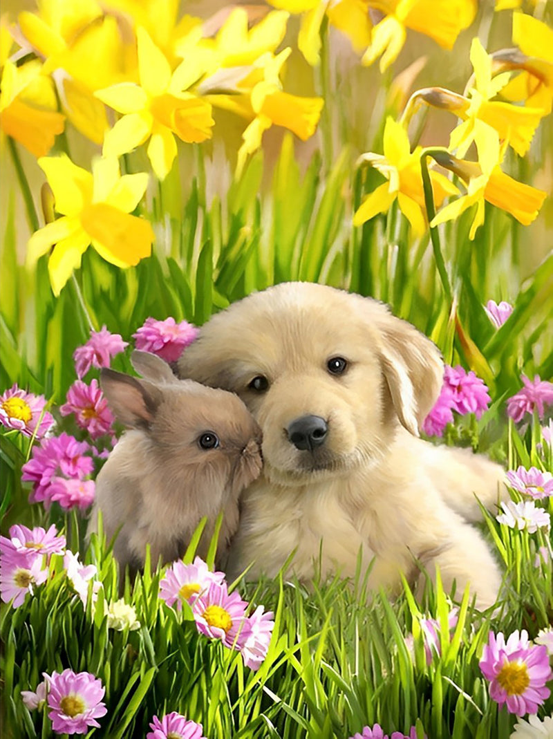 Golden Retriever Puppy, Little Bunny and Flowers Diamond Painting