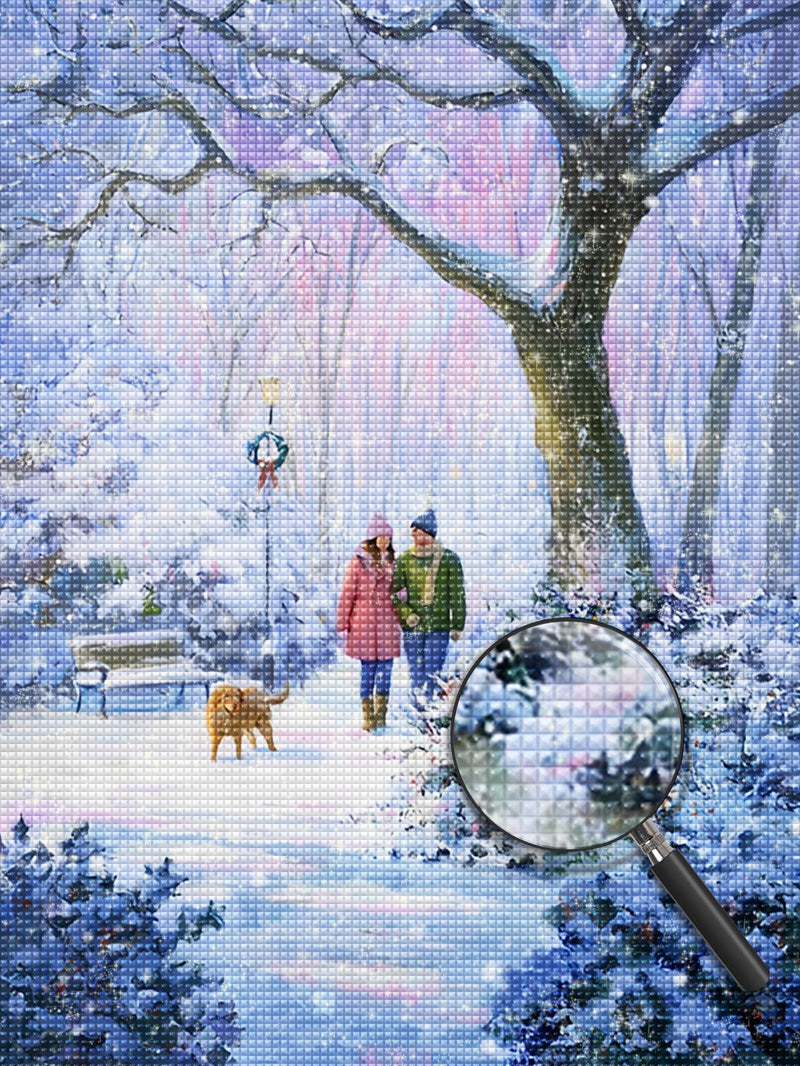 Couple and Dog in Snow Diamond Painting