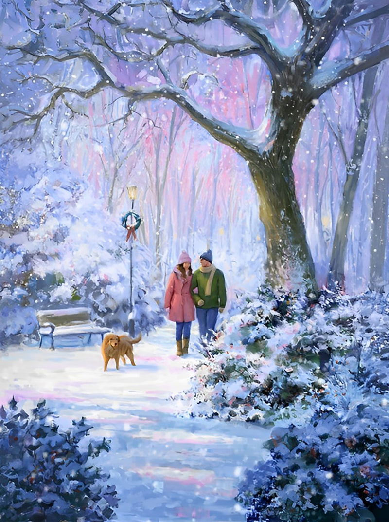 Couple and Dog in Snow Diamond Painting