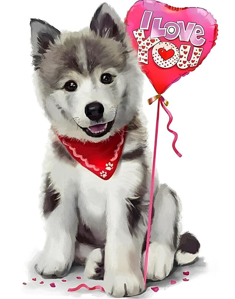 Husky Puppy and Balloon of Love Diamond Painting