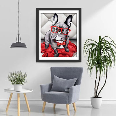 Bulldog Dog with Red Glasses Diamond Painting