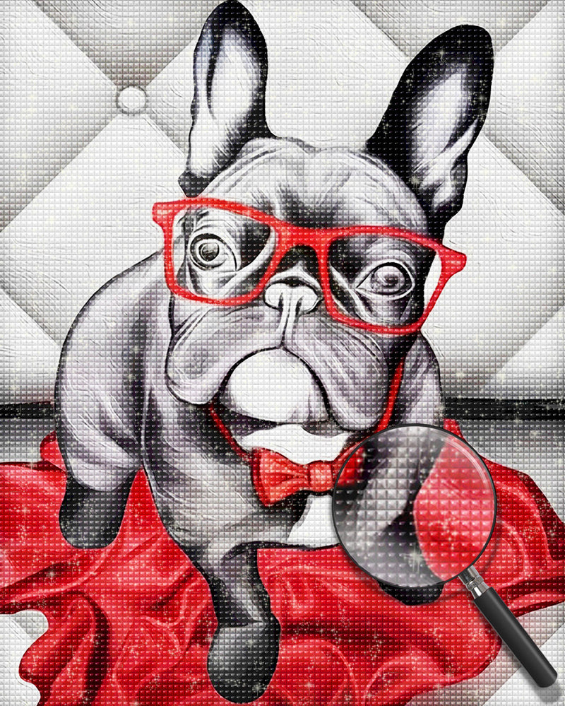Bulldog Dog with Red Glasses Diamond Painting