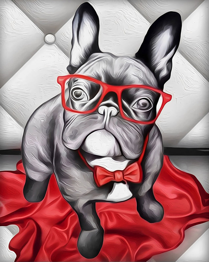 Bulldog Dog with Red Glasses Diamond Painting