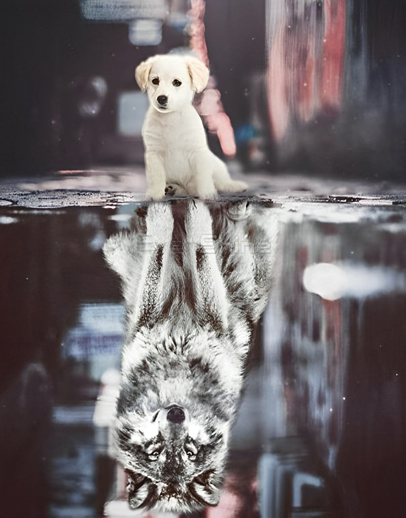 Golden Retriever and Gray Wolf Puppy Diamond Painting