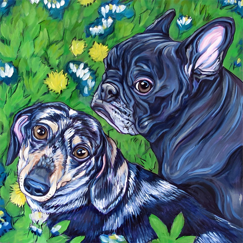 Bulldog and Dachshund on the Grass Diamond Painting