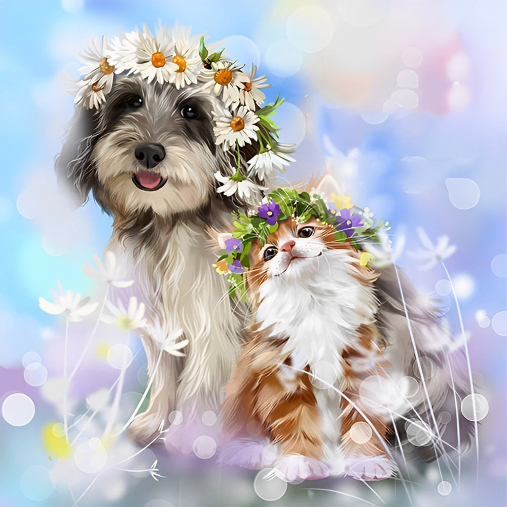 Grey-White Dog with Flower Crown Diamond Painting