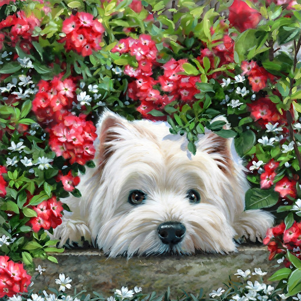 Westie Dog in Flower Bushes Diamond Painting