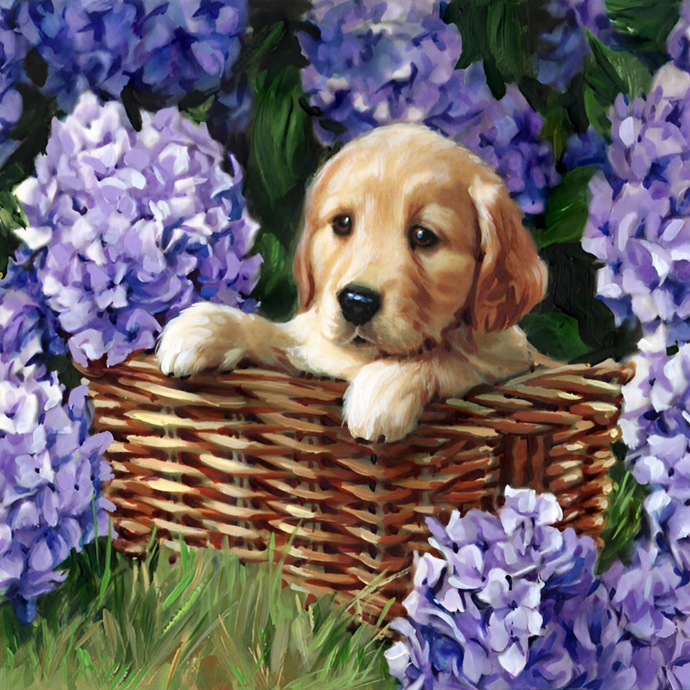 Golden Retriever Dog and Purple Hydrangeas Diamond Painting