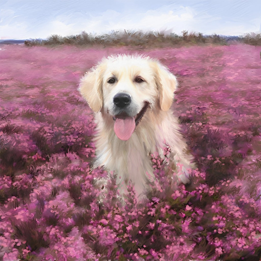 Golden Retriever in a Sea of Pink Flowers Diamond Painting
