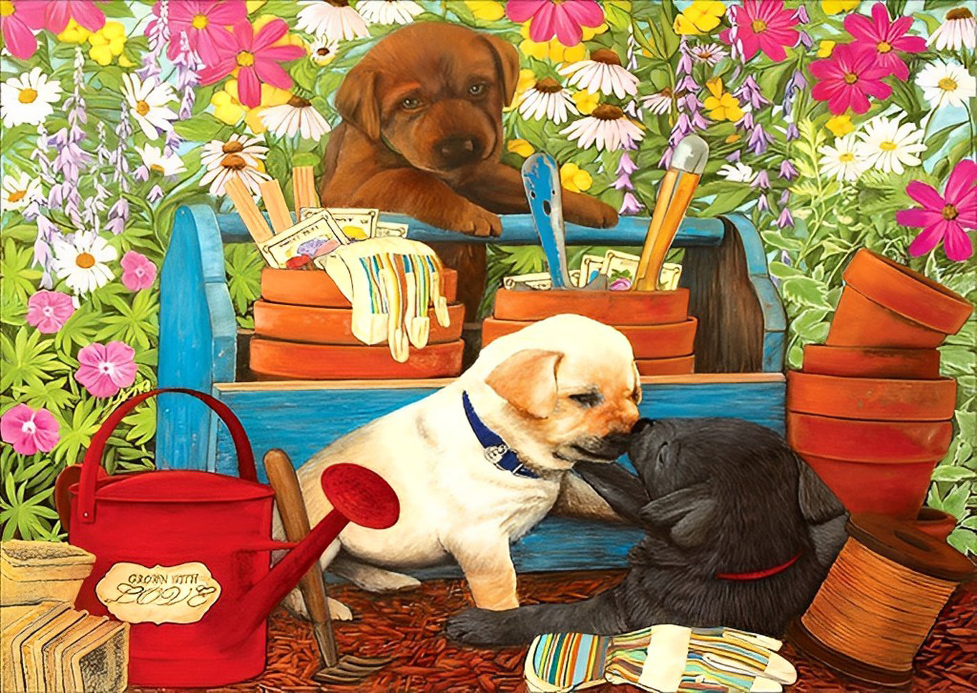 Puppies Playing in the Garden Diamond Painting