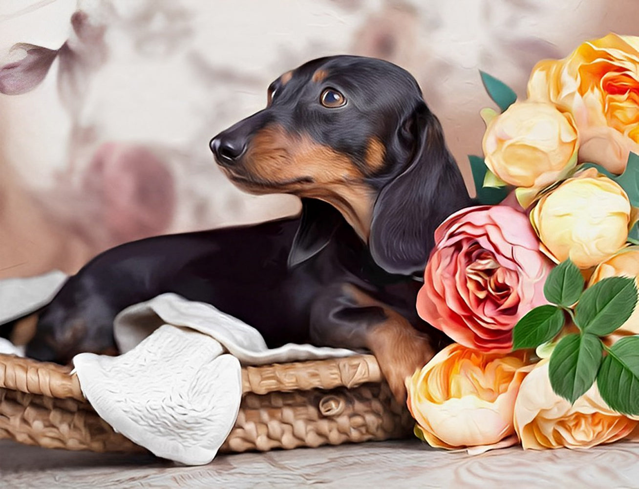 Dachshund Dog and Roses Diamond Painting