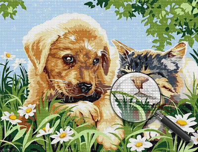Golden Retriever Puppy, Cat and Little Daisies 5D DIY Diamond Painting Kits